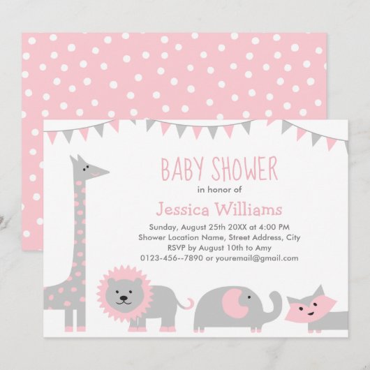 Cute Pink Grey Animals Baby shower Invitation Girl Kaart (Voorkant / Achterkant)