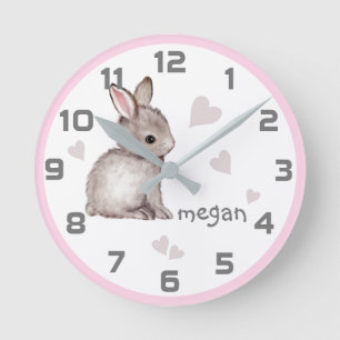 Cute Pink Grey Bunny Heart Wall klok