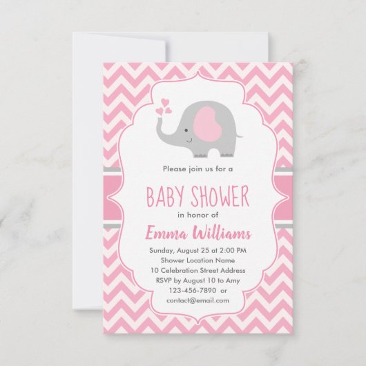 Cute Pink Grey Elephant Girl Baby shower Kaart (Voorkant)