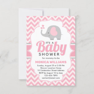 Cute Pink Grey Elephant Girl Baby shower Kaart