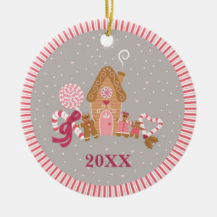 Cute Pink Grey Gingerbrood Snoep Round Ornament