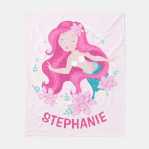 Cute Pink Hair Mermaid Girls Fantasy Personalized Fleece Deken