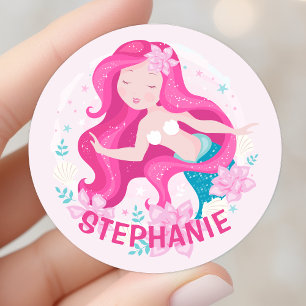 Cute Pink Hair Mermaid Girls Fantasy Personalized Ronde Sticker