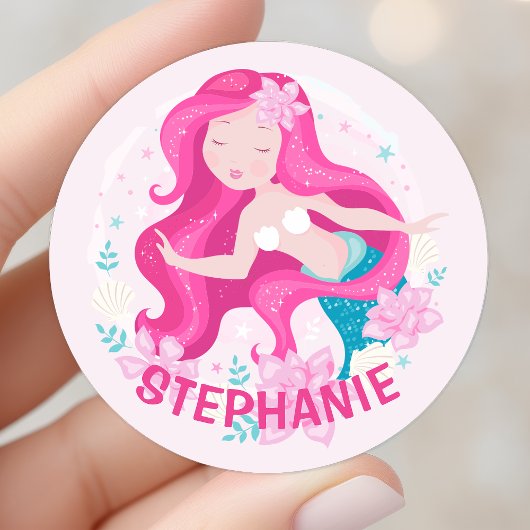 Cute Pink Hair Mermaid Girls Fantasy Personalized Ronde Sticker