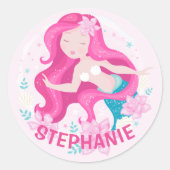 Cute Pink Hair Mermaid Girls Fantasy Personalized Ronde Sticker (Voorkant)