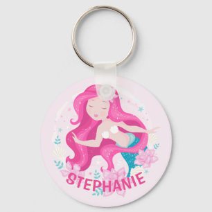 Cute Pink Hair Mermaid Girls Fantasy Personalized Sleutelhanger