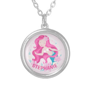 Cute Pink Hair Mermaid Girls Fantasy Personalized Zilver Vergulden Ketting