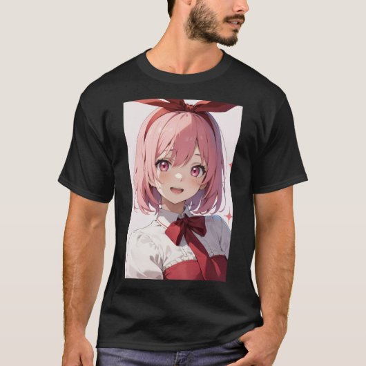 Cute Pink-Haired Anime Girl Illustration T-shirt (Voorkant)