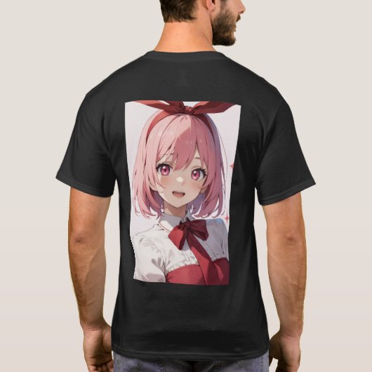 Cute Pink-Haired Anime Girl Illustration T-shirt (Achterkant)