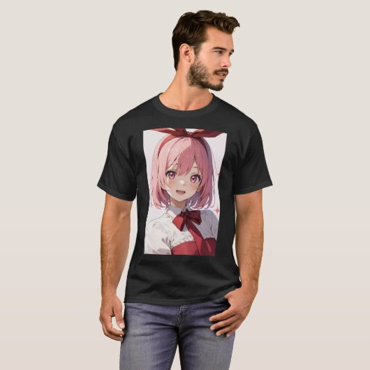 Cute Pink-Haired Anime Girl Illustration T-shirt (Voorkant volledig)