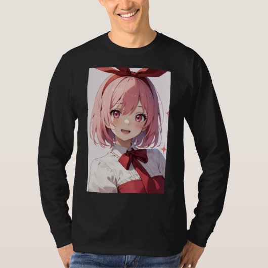 Cute Pink-Haired Anime Girl Illustration T-shirt (Voorkant)