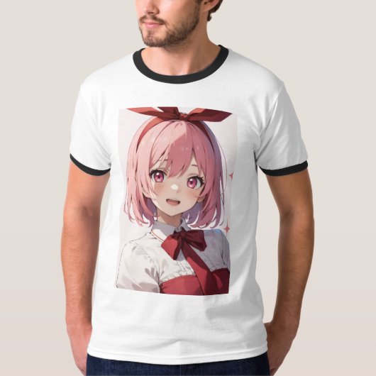 Cute Pink-Haired Anime Girl Illustration T-shirt (Voorkant)