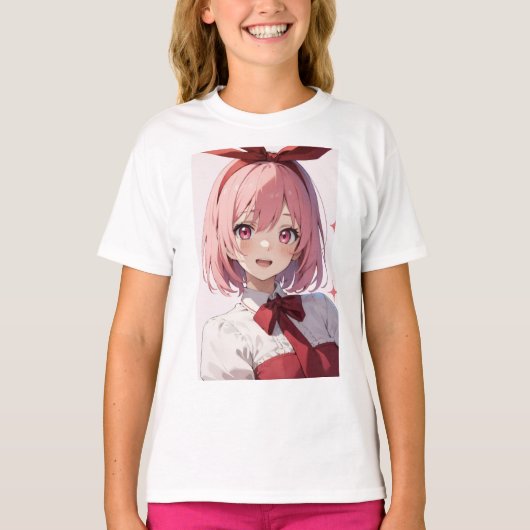 Cute Pink-Haired Anime Girl Illustration T-shirt (Voorkant)