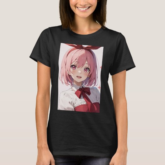 Cute Pink-Haired Anime Girl Illustration T-shirt (Voorkant)