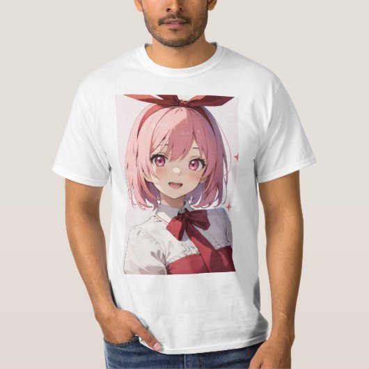 Cute Pink-Haired Anime Girl Illustration T-shirt (Voorkant)