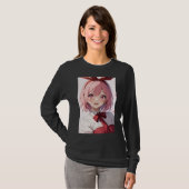 Cute Pink-Haired Anime Girl Illustration T-shirt (Voorkant volledig)