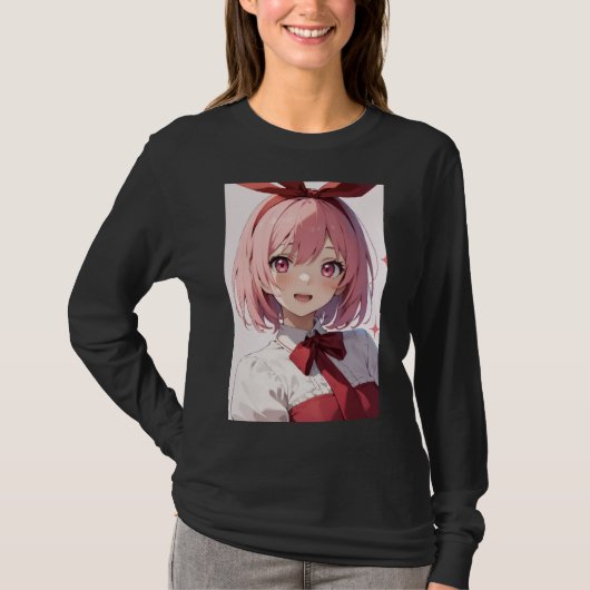 Cute Pink-Haired Anime Girl Illustration T-shirt (Voorkant)