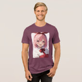 Cute Pink-Haired Anime Girl Illustration Tri-Blend Shirt (Voorkant volledig)