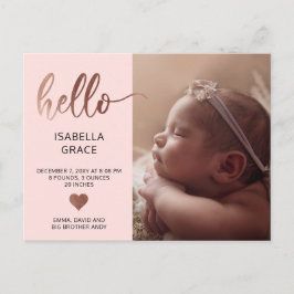 Cute Pink Hallo Foto Baby Aankondigingskaart
