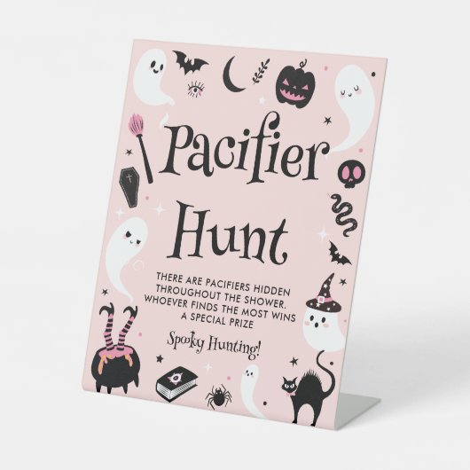 Cute Pink Halloween Baby Shower Pacifier Hunt Game Reclamebord Met Voetstuk (Voorkant)
