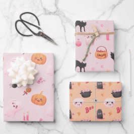 Cute Pink Halloween Birthday Party Inpakpapier Vel