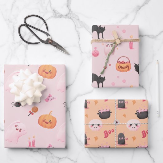 Cute Pink Halloween Birthday Party Inpakpapier Vel (Voorkant)