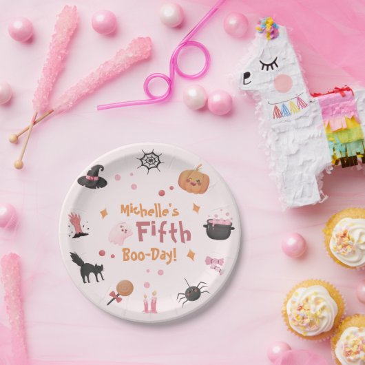 Cute Pink Halloween Birthday Party Papieren Bordje (Feest)