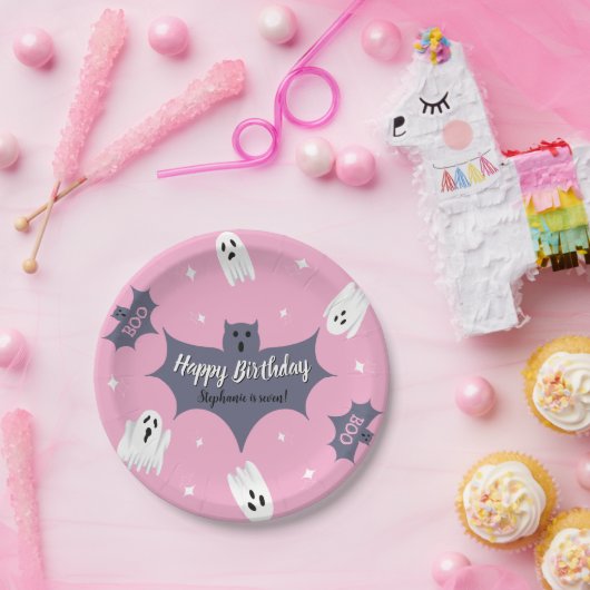 Cute Pink Halloween Birthday Party Papieren Bordje (Feest)