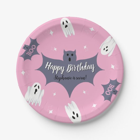 Cute Pink Halloween Birthday Party Papieren Bordje (Voorkant)