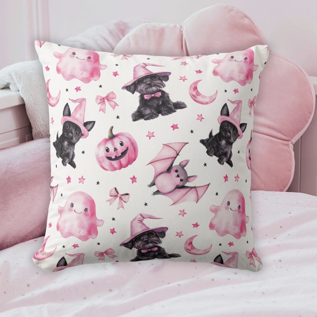 Cute Pink Halloween Ghosts & Dogs Throw Pillow Kussen (Cute Pink Halloween Ghosts & Dogs Throw Pillow)