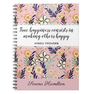 Cute Pink Happiness Quote Inspirational Floral Art Notitieboek