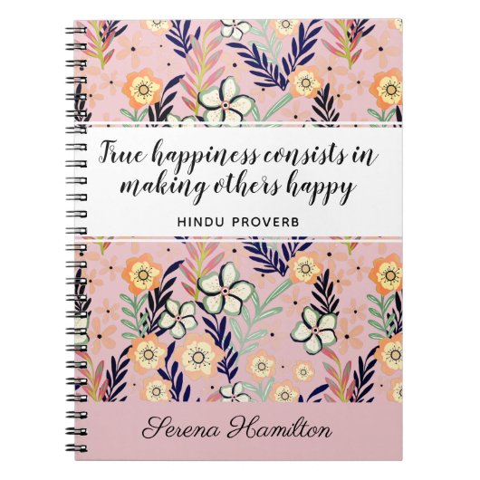 Cute Pink Happiness Quote Inspirational Floral Art Notitieboek (Voorkant)