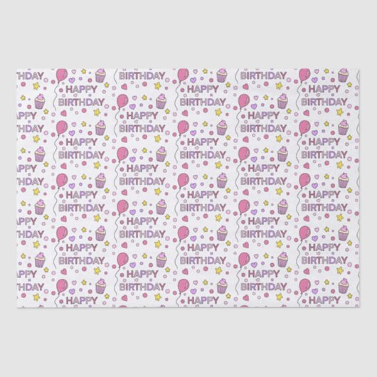 Cute Pink Happy Birthday Cupcakes, sterren en hart Tissuepapier (Voorkant)