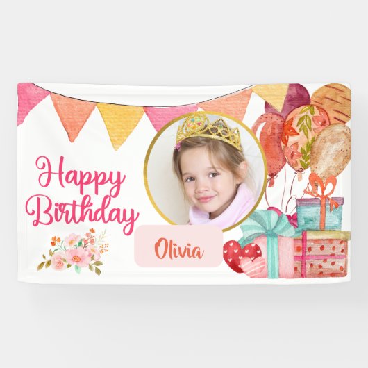 Cute Pink Happy Birthday Spandoek (Horizontaal)