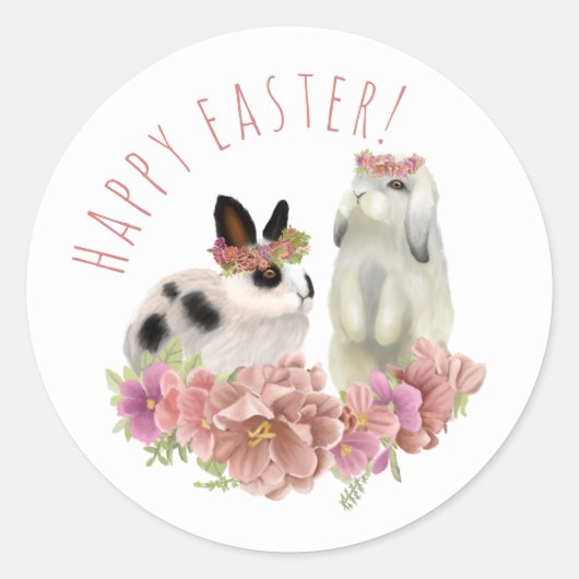 Cute Pink Happy Paast Bunny Rabbits Ronde Sticker (Voorkant)