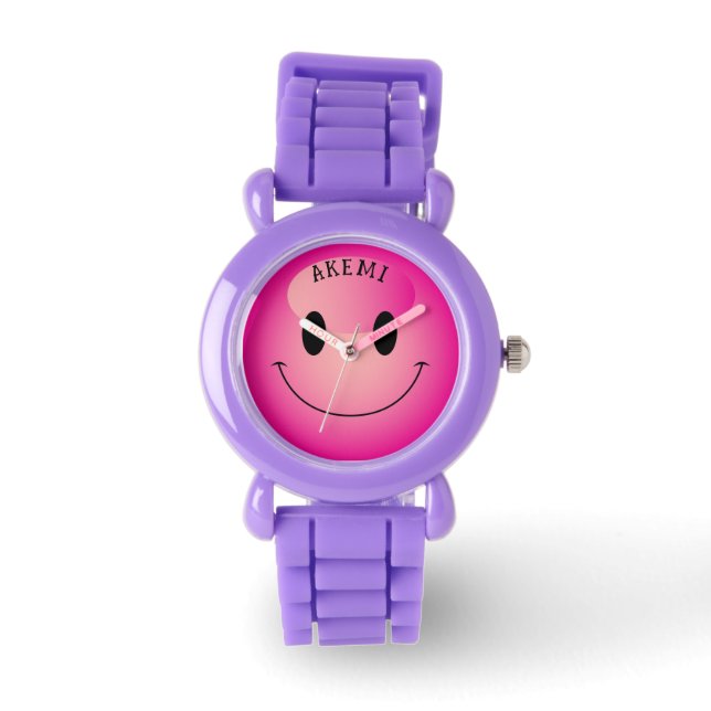 Cute Pink Harajuku Smiling Emoji Face Horloge (Voorkant)