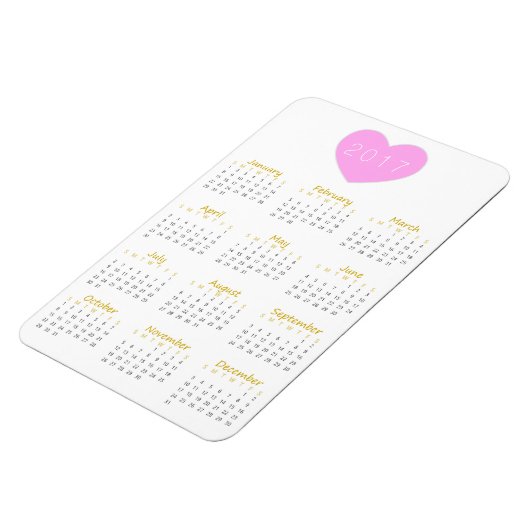 Cute Pink Heart 2017 Calendar Magnet - Gold & Grey Magneet (Linkerzijde)