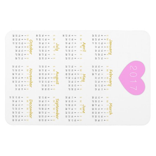 Cute Pink Heart 2017 Calendar Magnet - Gold & Grey Magneet (Horizontaal)