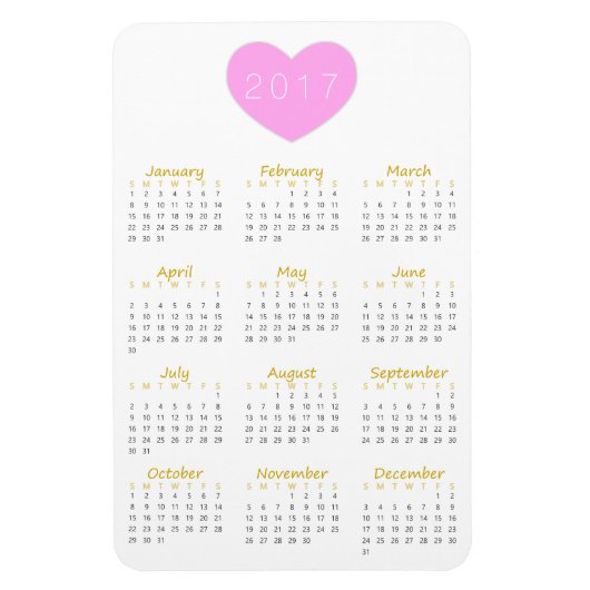 Cute Pink Heart 2017 Calendar Magnet - Gold & Grey Magneet (Verticaal)