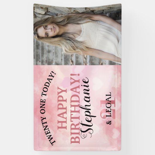 Cute Pink Heart 21st & Legal Photo Birthday Banner (Verticaal)