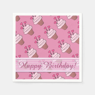 Cute Pink Heart Cupcakes Birthday Napkins Servetten