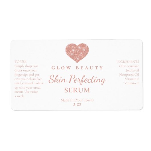 Cute Pink Heart Glitter Logo Serum Labels (Voorkant)