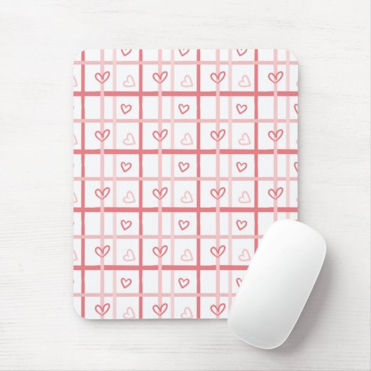 Cute Pink Heart Grid Pattern Muismat (Met muis)