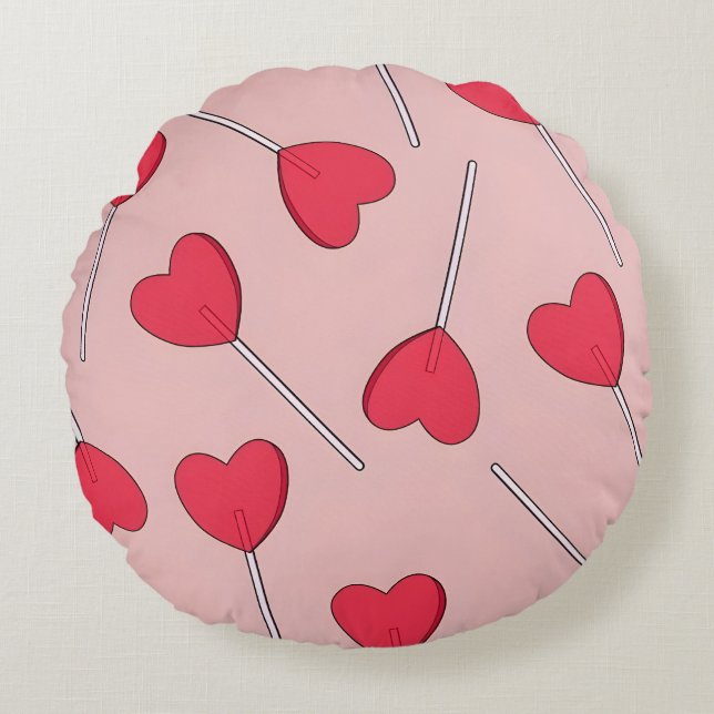 Cute Pink Heart Lollipops Seamless Pattern Rond Kussen (Voorkant)
