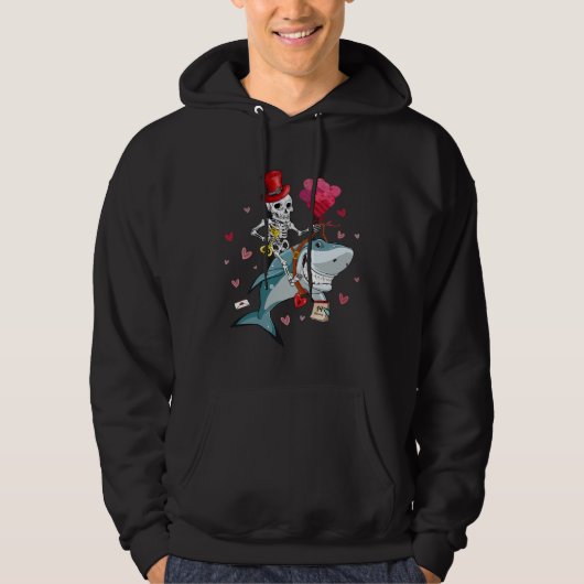 Cute Pink Heart Skeleton Riding Shark Valentines D Hoodie (Voorkant)