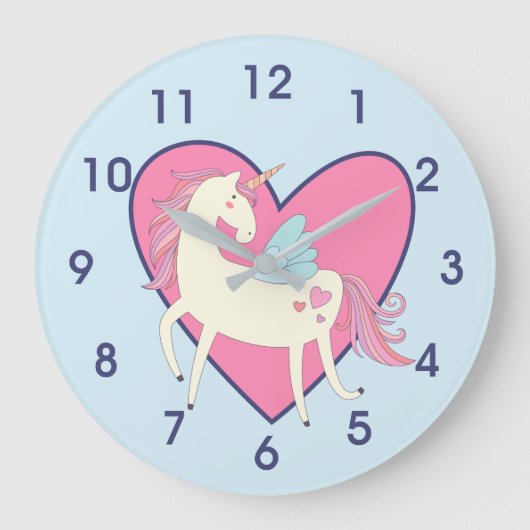 Cute Pink Heart Unicorn Nursery Grote Klok (Voorkant)