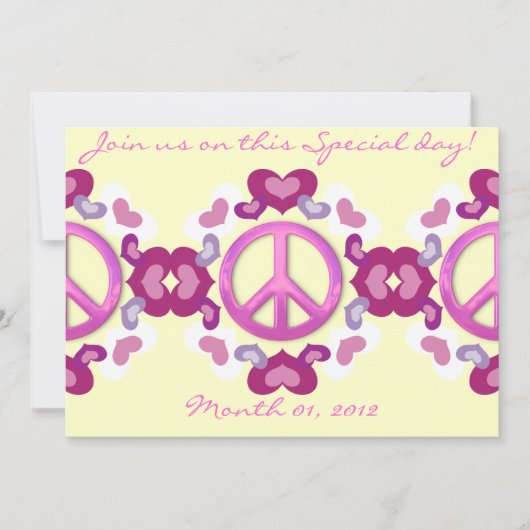 Cute Pink Hearts and Peace Sign Invitations Kaart (Voorkant)