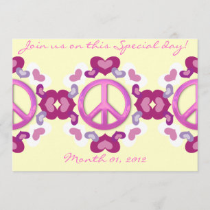 Cute Pink Hearts and Peace Sign Invitations Kaart