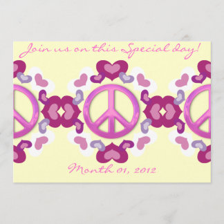 Cute Pink Hearts and Peace Sign Invitations Kaart