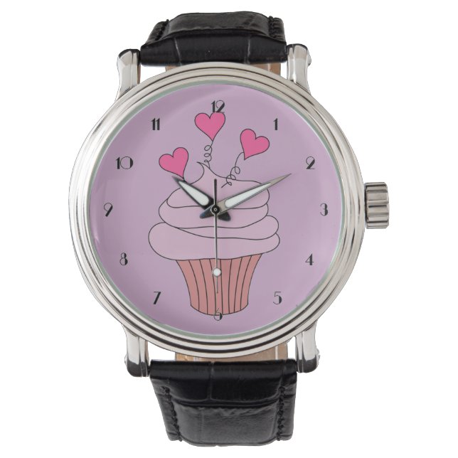 Cute Pink Hearts Cupcake Wrist Watch Horloge (Voorkant)